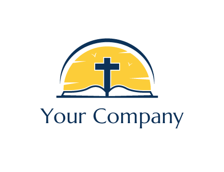 cross and bible in front of sun logo