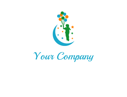 child holding balloons while floating over moon and stars