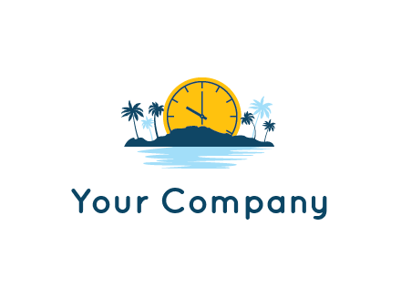 sun with clock behind mountains with palm trees